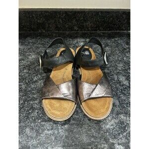 Sofft Women's Black Pewter Leather Bayo Sandal Ankle Strap Large Buckle Size 11